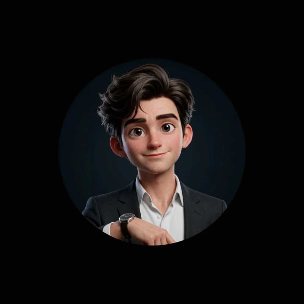 Best Freelance Digital Marketing Expert In Dubai | 3D cartoon businessman avatar with stylish hair and professional suit on a dark background.