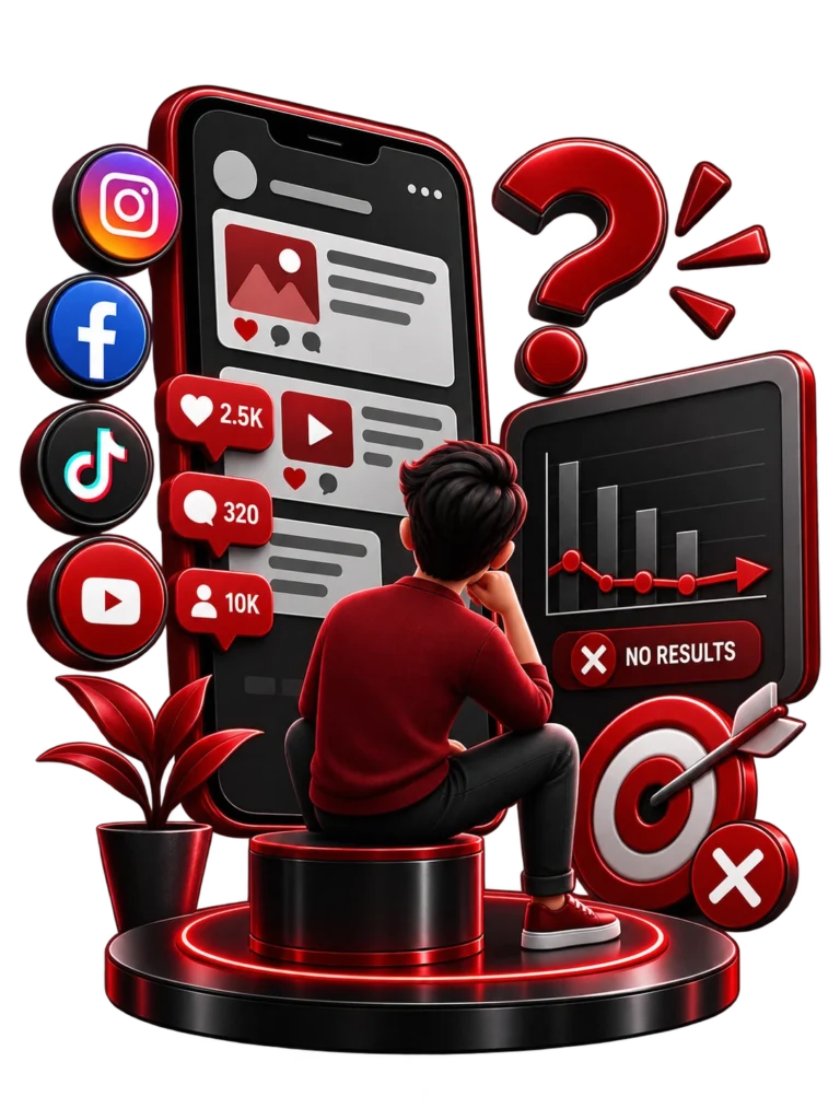 illustration of a man looking at low social media engagement metrics and a declining analytics chart.