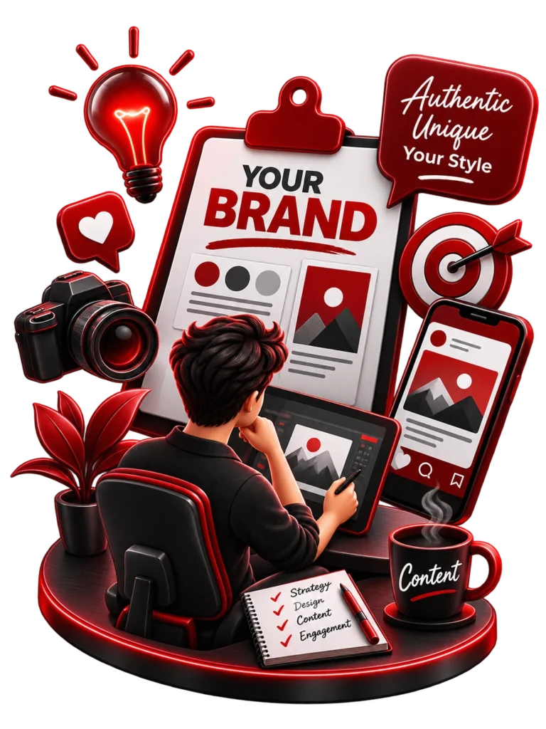 brand strategy illustration showing designer working on tablet, brand clipboard, DSLR camera, target, and strategy notebook