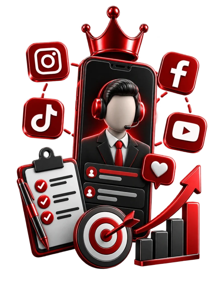 social media management illustration with customer support agent on smartphone, crowned with target, growth chart, and social platforms"