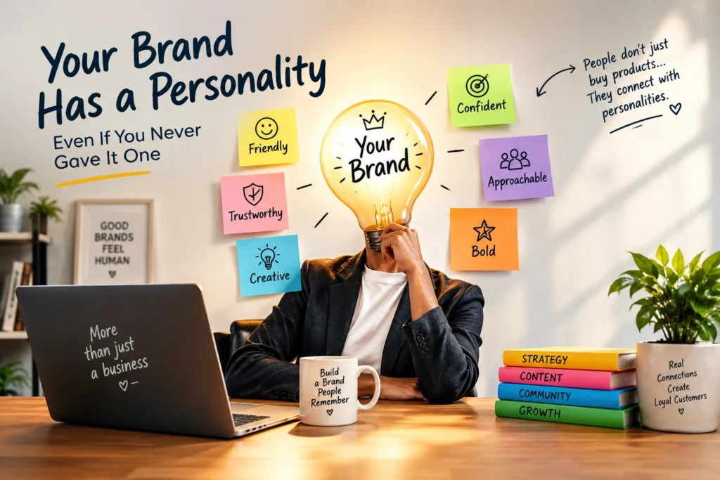 Workspace desk with brand personality notes and topic title text.